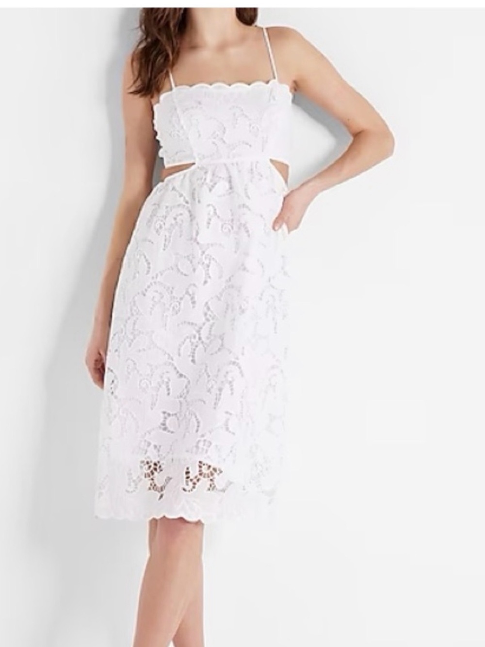 Express White Lace Midi Dress with Cutout Waist
